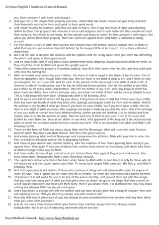 you, then consume it with taste and pleasure.
5. And give not to the unwise their property you have, which Allah has made a means of your living and feed
them therewith and clothe them and speak to them good words.
6. And remain testing the orphans, until they are able to marry; then if you find them of right understanding,
deliver to them their property and consume it not in extravagance and in such haste that they should not reach
their maturity. And whose is not needy, let him abstain and whoso is needy, let him consume it with equity. But
when you deliver them their property, then take witnesses against them. And Allah is sufficient in taking
account.
7. For men there is share in what their parents and relatives have left behind, and for women there is share in
what their parents and relatives have left behind, be the bequest little or be it much, it is a share estimated,
determined.
8. But if at the time of division, the relatives and the orphans and the needy come, then give them too something
therefrom and speak to them good words.
9. And let those fears, who if they had to leave behind them weak offspring, would have been afraid for them, so
they should be afraid of Allah and speak the upright speech.
10. Those who consume the property of orphans unjustly, they fill in their belies with fire only, and they shall soon
enter into the flaming fire.
11. Allah commands you concerning your children, the share of male is equal to the share of two females; then if
there be daughters only, though more than two, then for them is two third of what is left, and if there be only
one daughter, for her is one half. And for each of the parents of the deceased is one sixth of what is left, if
there be a child of the deceased, but if he has no child and leaves parents, then for the mother is one third;
but if there be his many sisters and brothers, then for the mother is one sixth, after any bequest which has
been made and debts. Your fathers and your sons, you know not which of them will be more profitable to you.
This is fixed proportion from Allah. Undoubtedly Allah is All Knowing, Wise.
12. And for you is one-half of what is left by your wives, if they have no issue (child) but if they have issue (child),
then you have one fourth of what they leave after (paying) any bequest made by them and the debts. And for
the women is one fourth of what you leave if you have no issue (child); but if you have issue (child), then for
them is one-eight of what you leave after (paying) any bequest made by you and the debts. And if the heritage
of any such male or female who leave behind nothing, neither parents nor children is to be divided and from
mother side he or she has brother or sister, then for each one of them is one sixth. Then if the sister and
brother be more than one, then all are sharer in one-third, after (payment of the bequest of the deceased and
debts in which the deceased would not have caused any harm. This is an injunction from Allah and Allah is All
Knowing, Gentle.
13. These are the limits of Allah and whoso obeys Allah and His Messenger; Allah will make him enter Gardens
beneath which flow rivers will abide therein. And this is the great success.
14. And whose disobeys Allah and His Messenger and transgresses His all limits; Allah will cause him to enter the
Fire, in which he will abide and for him is degrading torment.
15. And those of your women who commit adultery; take the evidence of four males specially from amongst you
against them; then again if they give evidence then confine those women to the houses until death take them
or Allah envisages some way for them.
16. And those males, female of you commit such act, torture them, then again if they repent and amend, then
leave them alone. Undoubtedly Allah is most Relenting, Merciful.
17. The repentance whose acceptance has been under taken by Allah with His own Grace is only for those who do
evil ignorantly and then again repent soon after. To wards such people Allah turns with His Mercy; and Allah is
Knowing, Wise.
18. And that repentance is not neither of those who continue in doing evil until when death comes to anyone of
them, he says, 'now I repent' nor for those who die as infidels. For them We have prepared a painful torment.
19. 'O believers! It is not lawful for you to be heir of the women forcibly, and prevent them not with this design
that you may take away part of what you had given them as dower except in this shape that they commit an
act of flagrant indecency and treat with them fairly; then if you dislike them, it is likelihood that you may dislike
a thing and wherein Allah has placed much good.
20. And if you desire to change one wife for another and you have already given her a heap of treasure; then take
not anything thereof. Will you take it by slander and with manifest sin?
21. How you shall take it when each of you has already become unveiled before one another and they have taken
from you a most firm covenant?
22. And do not marry those women whom your fathers have married, except what has already passed.
Undoubtedly, that is an act of indecency and wrath and an evil way.
Al-Quran English Translation (Kanz-ul-Eeman)
NooreMadinah Network - http://www.NooreMadinah.net
 