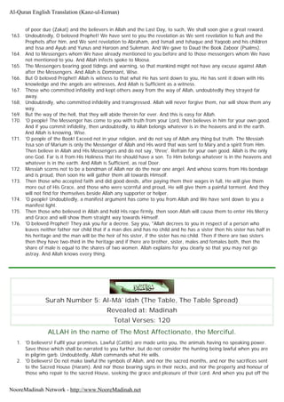 of poor due (Zakat) and the believers in Allah and the Last Day, to such, We shall soon give a great reward.
163. Undoubtedly, O beloved Prophet! We have sent to you the revelation as We sent revelation to Nuh and the
Prophets after him, and We sent revelation to Abraham, and Ismail and Ishaque and Yaqoob and his children
and Issa and Ayub and Yunus and Haroon and Suleman. And We gave to Daud the Book Zaboor (Psalms).
164. And to Messengers whom We have already mentioned to you before and to those messengers whom We have
not mentioned to you. And Allah infects spoke to Moosa.
165. The Messengers bearing good tidings and warning, so that mankind might not have any excuse against Allah
after the Messengers. And Allah is Dominant, Wise.
166. But O beloved Prophet! Allah is witness to that what He has sent down to you, He has sent it down with His
knowledge and the angels are witnesses, And Allah is Sufficient as a witness.
167. Those who committed infidelity and kept others away from the way of Allah, undoubtedly they strayed far
away.
168. Undoubtedly, who committed infidelity and transgressed. Allah will never forgive them, nor will show them any
way.
169. But the way of the hell, that they will abide therein for ever. And this is easy for Allah.
170. 'O people! The Messenger has come to you with truth from your Lord, then believes in him for your own good.
And if you commit infidelity, then undoubtedly, to Allah belongs whatever is in the heavens and in the earth.
And Allah is knowing, Wise.
171. 'O people of the Book! Exceed not in your religion, and do not say of Allah any thing but truth. The Messiah
Issa son of Marium is only the Messenger of Allah and His word that was sent to Mary and a spirit from Him.
Then believe in Allah and His Messengers and do not say, 'three'. Refrain for your own good. Allah is the only
one God. Far is it from His Holiness that He should have a son. To Him belongs whatever is in the heavens and
whatever is in the earth. And Allah is Sufficient, as real Doer.
172. Messiah scorns not to be a bondman of Allah nor do the near one angel. And whoso scorns from His bondage
and is proud, then soon He will gather them all towards Himself.
173. Then those who accepted faith and did good deeds, after paying them their wages in full, He will give them
more out of His Grace, and those who were scornful and proud, He will give them a painful torment. And they
will not find for themselves beside Allah any supporter or helper.
174. 'O people! Undoubtedly, a manifest argument has come to you from Allah and We have sent down to you a
manifest light.
175. Then those who believed in Allah and hold His rope firmly, then soon Allah will cause them to enter His Mercy
and Grace and will show them straight way towards Himself.
176. 'O beloved Prophet! They ask you for a decree. Say you, "Allah decrees to you in respect of a person who
leaves neither father nor child that if a man dies and has no child and he has a sister then his sister has half in
his heritage and the man will be the heir of his sister, if the sister has no child. Then if there are two sisters
then they have two-third in the heritage and if there are brother, sister, males and females both, then the
share of male is equal to the shares of two women. Allah explains for you clearly so that you may not go
astray. And Allah knows every thing.
Surah Number 5: Al-Mâ`idah (The Table, The Table Spread)
Revealed at: Madinah
Total Verses: 120
ALLAH in the name of The Most Affectionate, the Merciful.
1. 'O believers! Fulfil your promises. Lawful (Cattle) are made unto you, the animals having no speaking power.
Save those which shall be narrated to you further, but do not consider the hunting being lawful when you are
in pilgrim garb. Undoubtedly, Allah commands what He wills.
2. 'O believers! Do not make lawful the symbols of Allah, and nor the sacred months, and nor the sacrifices sent
to the Sacred House (Haram). And nor those bearing signs in their necks, and nor the property and honour of
those who repair to the sacred House, seeking the grace and pleasure of their Lord. And when you put off the
Al-Quran English Translation (Kanz-ul-Eeman)
NooreMadinah Network - http://www.NooreMadinah.net
 