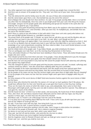 81. You rather approach men lustily instead of women on the contrary you people have crossed the limit.
82. And there was no answer of his people but this: They said, 'turn them out of your town, these people aspire to
be pure.'
83. Then We delivered him and his family saves his wife, she was of those who remained behind.
84. And We rained down upon them a rain, then behold how was the end of the sinners?
85. And to Madyan We sent Shuaib from there brethren. He said, 'O my people worship Allah, there is no God for
you other than He Undoubtedly, there has come to you bright proof from your Lord, then fill up the measure
and weight, and give not the people goods after diminishing and spread not mischief in the earth after fair
ordering This is good for you, if you believe.
86. And sit not on every path threatening and barring from Allah's way to the wayfarers who have believed in Him,
and desiring crookedness in it: and remember, when you were few. He multiplied you, and beholds how was
the end of the mischief-makers.
87. And if there is a party of you who believe in that with which I have been sent and a party who believe not,
then wait till Allah decides between us; and Allah's decision is the
88. The proud Chiefs of his people said, 'O Shoaib, we swear that we will drive you out and the Muslims who are
with you from our town or you come back to our faith'. He said. What, even though we hate it?
89. Certainly we shall forge a lie against Allah, if we returned to your faith after Allah has delivered us from it. And
it is not for we Muslims that we should come back in your faith but that Allah Who is our Lord so willed. The
knowledge of our Lord comprehends everything. We have relied on Allah. O our Lord! Decide between us and
our people with truth and Your decision is the best.
90. And the infidel chiefs of his people said, 'if you follow Shoaib, you shall certainly be the losers.'
91. Then an earthquake over took them; so in the morning they fell prostrate in their homes,
92. Those who belied Shoaib as if they had never been dwelling in those homes. Those who belied Shoaib were the
people who were ruined.
93. Then Shoaib turned his face from them and said,' O my people, I have already delivered to you the messages
of my Lord and admonished for your good, how then should I lament over infidels.
94. And We have not sent any prophet in any town but We seized the people thereof with adversity and suffering
that anyhow they might lament.
95. Then We changed the place of evil with good until they became numerous and said, "no doubt, sufferings and
comforts visited our fathers," then We seized them suddenly while they were unmindful.
96. And if the people of the towns had believed and feared, then We would surely have opened upon them
blessings from heavens and earth but they belied, then We arrested them on account of their doings.
97. Do the people of the towns not fear that Our torment might come upon them at night while they are sleeping?
98. Or do the people of the towns not fear that Our torment might come upon them in daylight while they are
playing?
99. Are they unaware of the secret devise of Allah? And none becomes fearless against the secret devise of Allah
but the losers.
100. And do those who inherited the land after the owners of it not get so much guidance that if We please, We
would have afflicted them for their sins? And We put a seal upon their hearts so that they hear nothing.
101. These are the towns the stories of which We relate to you, and undoubtedly, there came to them their
Messengers with bright proofs, but they were not able to believe what they had first rejected. Thus Allah put a
seal upon the, hearts of the infidels.
102. And We found not most ' of them true to their words, and necessarily, We found most of them disobedient.
103. Then, after them, We sent Moses towards Firawn (Pharaoh) and his Chiefs with Our Signs, but they did
injustice to those signs, see then how was the end of the mischief
104. And Moses said, 'O, Firawn! I am a Messenger from the Lord of the Worlds.
105. It is my duty not to say anything about Allah but the truth. I have come to you all with sign from your Lord,
then let the children of Israel go with me.
106. He said, 'If you have come with any Sign, then bring forth if you are truthful.
107. Then Moses cast his staff, it atonce became a serpent manifest.
108. And he drew forth his hand after putting it into his collar, then it began to shine before the beholders.
109. The Chiefs of the people of Pharaoh said, 'this is indeed a magician knowing.'
110. He desires to turn you out from your land, what is your advice then?
111. They said, 'put him off and his brother, and send into the city men to collect.
112. That they may bring to you every magician having knowledge.
113. And the magicians came to Pharaoh (Firawn) and said, we shall get some reward if we win.'
114. Firawn said, 'yes', and then you shall be near ones.
Al-Quran English Translation (Kanz-ul-Eeman)
NooreMadinah Network - http://www.NooreMadinah.net
 