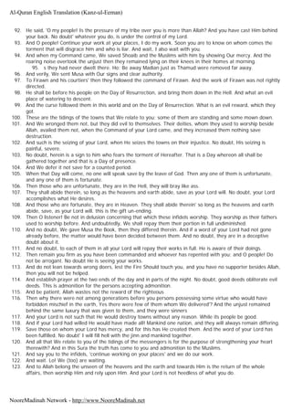 92. He said, 'O my people! Is the pressure of my tribe over you is more than Allah? And you have cast Him behind
your back. No doubt' whatever you do, is under the control of my Lord.
93. And O people! Continue your work at your places, I do my work. Soon you are to know on whom comes the
torment that will disgrace him and who is liar. And wait, I also wait with you.
94. And when my Command came, We saved Shoaib and the Muslims with him by showing Our mercy. And the
roaring noise overtook the unjust then they remained lying on their knees in their homes at morning.
95. s they had never dwelt there. Ho; Be away Madian just as Thamud were removed far away.
96. And verily, We sent Musa with Our signs and clear authority.
97. To Firawn and his courtiers' then they followed the command of Firawn. And the work of Firawn was not rightly
directed.
98. He shall be before his people on the Day of Resurrection, and bring them down in the Hell. And what an evil
place of watering to descent.
99. And the curse followed them in this world and on the Day of Resurrection. What is an evil reward, which they
got.
100. These are the tidings of the towns that We relate to you; some of them are standing and some mown down.
101. And We wronged them not, but they did evil to themselves. Their deities, whom they used to worship beside
Allah, availed them not, when the Command of your Lord came, and they increased them nothing save
destruction.
102. And such is the seizing of your Lord, when He seizes the towns on their injustice. No doubt, His seizing is
painful, severe.
103. No doubt, herein is a sign to him who fears the torment of Hereafter. That is a Day whereon all shall be
gathered together and that is a Day of presence.
104. And We defer it not save for a counted period.
105. When that Day will come, no one will speak save by the leave of God. Then any one of them is unfortunate,
and any one of them is fortunate.
106. Then those who are unfortunate, they are in the Hell, they will bray like ass.
107. They shall abide therein, so long as the heavens and earth abide, save as your Lord will. No doubt, your Lord
accomplishes what He desires.
108. And those who are fortunate, they are in Heaven. They shall abide therein' so long as the heavens and earth
abide, save, as your Lord will. this is the gift un-ending.
109. Then O listener! Be not in delusion concerning that which these infidels worship. They worship as their fathers
used to worship before. And undoubtedly, We shall repay them their portion in full undiminished.
110. And no doubt, We gave Musa the Book, then they differed therein. And if a word of your Lord had not gone
already before, the matter would have been decided between them. And no doubt, they are in a deceptive
doubt about it.
111. And no doubt, to each of them in all your Lord will repay their works in full. He is aware of their doings.
112. Then remain you firm as you have been commanded and whoever has repented with you; and O people! Do
not be arrogant. No doubt He is seeing your works.
113. And do not lean towards wrong doers, lest the Fire Should touch you, and you have no supporter besides Allah,
then you will not be helped.
114. And establish prayer at the two ends of the day and in parts of the night. No doubt, good deeds obliterate evil
deeds. This is admonition for the persons accepting admonition.
115. And be patient, Allah wastes not the reward of the righteous
116. Then why there were not among generations before you persons possessing some virtue who would have
forbidden mischief in the earth, Yes there were few of them whom We delivered'? And the unjust remained
behind the same luxury that was given to them, and they were sinners
117. And your Lord is not such that He would destroy towns without any reason. While its people be good.
118. And if your Lord had willed He would have made all! Mankind one nation, and they will always remain differing.
119. Save those on whom your Lord has mercy, and for this has He created them. And the word of your Lord has
been fulfilled. No doubt' I will fill hell with the jinn and mankind together.
120. And all that We relate to you of the tidings of the messengers is for the purpose of strengthening your heart
therewith? And in this Sura the truth has come to you and admonition to the Muslims.
121. And say you to the infidels, 'continue working on your places' and we do our work.
122. And wait. Lo! We (too) are waiting.
123. And to Allah belong the unseen of the heavens and the earth and towards Him is the return of the whole
affairs, then worship Him and rely upon Him. And your Lord is not heedless of what you do.
Al-Quran English Translation (Kanz-ul-Eeman)
NooreMadinah Network - http://www.NooreMadinah.net
 