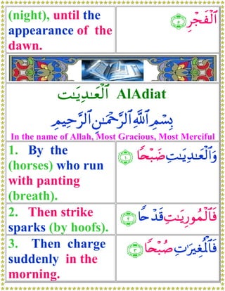 (night), until the                             Ì
                                           ∩∈∪ ôfxø9$#
appearance of the
dawn.


           M≈tƒÏ‰≈yèø9$# AlAdiat
          ÉΟŠÏm§9$# Ç⎯≈uΗ÷q§9$# «!$# ÉΟó¡0
                                           Î
In the name of Allah, Most Gracious, Most Merciful
1. By the          ∩⊇∪ $⇔÷6|Ê M≈tƒÏ‰≈yèø9$#uρ
                                Ï
(horses) who run
with panting
(breath).
2. Then strike     ∩⊄∪ %Znô‰s% ÏM≈tƒ‘θßϑø9$$sù
                                    Í
sparks (by hoofs).
3. Then charge       ∩⊂∪ $⇔÷6ß¹ ÏN≡uÉóèRùQ$$sù
suddenly in the
morning.
 