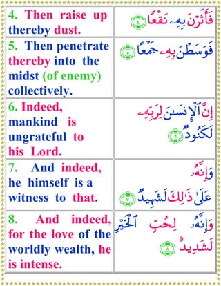 4. Then raise up    ∩⊆∪ $èø)tΡ ⎯ÏμÎ/ tβrOr'ù
                                           ö s
thereby dust.
5. Then penetrate ∩∈∪ $ºèøΗsd ⎯ÏμÎ/ z⎯ôÜy™uθsù
thereby into the
midst (of enemy)
collectively.
6. Indeed,             ⎯ÏμÎn/tÏ9 z⎯≈|¡ΣM}$# ¨βÎ)
mankind is
ungrateful to                      ∩∉∪ ×ŠθãΖs3s9
his Lord.
7. And indeed,                           …çμ¯ΡÎ)uρ
he himself is a
witness to that.  ∩∠∪ Ó‰‹Íκy¶s9 y7Ï9≡sŒ 4’n?tã
8. And indeed, Îösƒø:$#         Éb=ßs9
                                       Ï    …çμ¯ΡÎ)uρ
for the love of the
worldly wealth, he                  ∩∇∪ î‰ƒÏ‰t±s9
is intense.
 