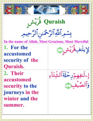 C·÷ƒtè% Quraish
          ÉΟŠÏm§9$# Ç⎯≈uΗ÷q§9$# «!$# ÉΟó¡Î0
In the name of Allah, Most Gracious, Most Merciful
1. For the                                      É
                                   ∩⊇∪ C·÷ƒtè% #≈n=ƒ}
accustomed
security of the
Quraish.
2. Their                     Ï™!$tGÏe±9$# s's#ôm‘ öΝÎγÏ≈s9⎯Î)
                                                Í
accustomed
security to the                           ∩⊄∪ É#ø‹¢Á9$#uρ
journeys in the
winter and the
summer.
 