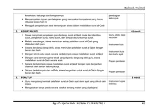 Madrasah Ibtidaiyah 
kesehatan, keluarga dan keinginannya 
 Menyampaikan tujuan pembelajaran yang merupakan kompetensi yang harus 
dikuasai siswa hari ini 
 Menggali pengetahuan awal kemampuan siswa dalam melafalkan surat al-Qadr 
pembagian 
kelompok 
2. KEGIATAN INTI 45 menit 
 Siswa menyimak penjelasan guru tentang, surat al-Qadr mulai dari identitas 
surat, pengertian surat, nama surat, dan tempat diturunkannya surat. 
 Melalui mendengar, siswa menirukan setiap pelafalan surat al-Qadr yang 
dilakukan oleh guru 
 Secara berulang-ulang (drill), siswa menirukan pelafalan surat al-Qadr dengan 
benar dan fasih 
 Dengan tehnik adu cepat, secara berkelompok siswa melafalkan surat al-Qadr 
 Dengan cara bermain game tebak yang dipandu langsung oleh guru, siswa 
melafalkan surat al-Qadr secara acak. 
 Secara berkelompok siswa melafalkan surat al-Qadr dengan cara bergantian 
disemak oleh teman kelompoknya. 
 Secara berkelompok dan indifidu, siswa bergantian untuk surat al-Qadr dengan 
benar dan fasih. 
Guru, slide, tape 
recorder 
Instrumen kuis 
Instrument kuis 
dan kartu ayat 
Papan penilaian 
Papan penilaian 
3. PENUTUP 5 menit 
 Guru mengulang kembali pelafalan surat al-Qadr ayat demi ayat yang diikuti oleh 
siswa. 
 Mengadakan tanya jawab secara klasikal tentang materi yang dipelajarai. 
Instrumen tugas 
individu 
Rpp Al – Qur’an Hadis MI/Kelas V / SEMESTER 2 62 
 