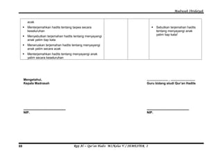 Madrasah Ibtidaiyah 
acak 
 Menterjemahkan hadits tentang taqwa secara 
keseluruhan 
 Menyebutkan terjemahan hadits tentang menyayangi 
anak yatim tiap kata 
 Meneruskan terjemahan hadits tentang menyayangi 
anak yatim secara acak 
 Menterjemahkan hadits tentang menyayangi anak 
yatim secara keseluruhan 
 Sebutkan terjemahan hadits 
tentang menyayangi anak 
yatim tiap kata! 
Mengetahui, 
Kepala Madrasah 
................................................ 
NIP. 
........................ , ............................ 
Guru bidang studi Qur’an Hadits 
................................................ 
NIP. 
Rpp Al – Qur’an Hadis MI/Kelas 69 V / SEMESTER 2 
 