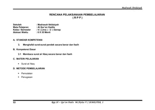 Madrasah Ibtidaiyah 
RENCANA PELAKSANAAN PEMBELAJARAN 
( R P P ) 
Sekolah : Madrasah Ibtidaiyah 
Mata Pelajaran : Al Qur’an Hadits 
Kelas / Semester : V ( Lima ) / 2 ( Genap 
Alokasi Waktu : 6 X 35 Menit 
A. STANDAR KOMPETENSI 
3. Menghafal surat-surat pendek secara benar dan fasih 
B. Kompetensi Dasar 
3.1 Membaca surat al-‘Alaq secara benar dan fasih 
C. MATERI PELAJARAN 
 Surat al-‘Alaq 
D. METODE PEMBELAJARAN 
 Pemodelan 
 Penugasan 
Rpp Al – Qur’an Hadis MI/Kelas 53 V / SEMESTER 2 
 