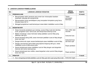 Madrasah Ibtidaiyah 
E. LANGKAH-LANGKAH PEMBELAJARAN 
NO. LANGKAH-LANGKAH KEGIATAN MEDIA/ 
SUMBER WAKTU 
1. PENDAHULUAN 10 menit 
 Menyampaikan salam pembuka yang ramah dan menanyakan keadaan 
kesehatan, keluarga dan keinginannya 
 Menyampaikan tujuan pembelajaran yang merupakan kompetensi yang harus 
dikuasai siswa hari ini 
 Menggali pengetahuan awal kemampuan siswa dalam melafalkan surat al-‘Alaq 
Teknik 
pembagian 
kelompok 
2. KEGIATAN INTI 45 menit 
 Siswa menyimak penjelasan guru tentang, surat al-‘Alaq mulai dari identitas 
surat, pengertian surat, nama surat, dan tempat diturunkannya surat. 
 Melalui mendengar, siswa menirukan setiap pelafalan surat al-‘Alaq yang 
dilakukan oleh guru 
 Secara berulang-ulang (drill), siswa menirukan pelafalan surat al-‘Alaq dengan 
benar dan fasih 
 Dengan tehnik adu cepat, secara berkelompok siswa melafalkan surat al-‘Alaq 
 Dengan cara bermain game tebak yang dipandu langsung oleh guru, siswa 
melafalkan surat al-‘Alaq secara acak. 
 Secara berkelompok siswa melafalkan surat al-‘Alaq dengan cara bergantian 
disemak oleh teman kelompoknya. 
 Secara berkelompok dan indifidu, siswa bergantian untuk surat al-‘Alaq dengan 
benar dan fasih. 
Guru, slide, tape 
recorder 
Instrumen kuis 
Instrument kuis 
dan kartu ayat 
Papan penilaian 
Papan penilaian 
3. PENUTUP 5 menit 
 Guru mengulang kembali pelafalan surat al-‘Alaq ayat demi ayat yang diikuti oleh Instrumen tugas 
Rpp Al – Qur’an Hadis MI/Kelas V / SEMESTER 2 58 
 