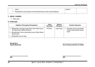 Madrasah Ibtidaiyah 
siswa. 
 Mengadakan tanya jawab secara klasikal tentang materi yang dipelajarai. 
individu 
F. MEDIA / SUMBER 
 Kartu ayat 
G. PENILAIAN 
Indikator Pencapaian Kompetensi Jenis 
Penilaian 
Bentuk 
Penilaian Contoh Instrumen 
 Melanjutkan potongan ayat secara acak dalam surat 
‘Al-‘Alaq tanpa melihat Al-Qur’an 
 Menyebutkan nomor ayat ketika surat al-‘Alaq dibaca 
secara acak 
 Menghafal surat al-‘Alaq 
Tes lisan Unjuk kerja  Sebutkan nomor ayat ketika 
surat al-‘Alaq dibaca secara 
acak! 
Mengetahui, 
Kepala Madrasah 
................................................ 
NIP. 
........................ , ............................ 
Guru bidang studi Qur’an Hadits 
................................................ 
NIP. 
Rpp Al – Qur’an Hadis MI/Kelas 59 V / SEMESTER 2 
 