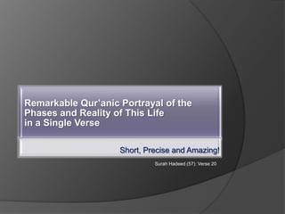 Remarkable Qur’anic Portrayal of the
Phases and Reality of This Life
in a Single Verse
Short, Precise and Amazing!
Surah Hadeed (57): Verse 20
 