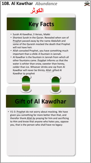 108. Al Kawthar
‫الكوثر‬
Abundance
Key Facts
Gift of Al Kawdhar
• Surah Al Kawdhar, 3 Verses, Makki
• Shortest Surah in the Quran. Revealed when son of
Prophet passed away by the name Abdullah and
some of the Quraish mocked the death that Prophet
will not have heir.
• Allah consoled Prophet, you have something much
important than a child. A fountain in Jannah.
• Al Kawdhar is the fountain in Jannah from which all
other fountains came. Prophet informs us that the
water is whiter than snow, sweeter than honey,
colder than ice. Whoever drinks one sip from Al
Kawdhar will never be thirsty. Allah gifted Al
Kawdhar to prophet
• V1-3: Prophet do not worry about mocking. We have
given you something far more better than that, and
therefor thank Allah by praying for him and sacrificing
to Him and know that anyone who hates you, oppose
you, that is the person who shall have no legacy
(Peace be upon him)
(Peace be upon him)
(Peace be upon him)
(subhanahu wata'ala)
(subhanahu wata'ala)
(Peace be upon him)
 