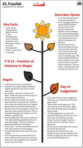41.Fussilat
Explained in detail ‫فصلت‬
• Surah Fusilat
(Distinguished).
Makki 54 Verses
• Fusilat
(Distinguished)
means 'perfectly
explained'. Surah
describes the Quran
as Fusilat
(Distinguished).
• Theme : Quran and it
is message
• V 1-8: Describing the Quran
and those who reject it
• V9-12: And Allah mentions
that he told the heavens
and the earth to cleft
asunder and to come
together and they obeyed
the commandment of Allah
• V 45: falsehood, evil cannot
even approach the Quran
neither from before it or
behind it.
• And the miracle of the
Quran will always be there.
So anyone who wants the
truth, there are too many
miracles for them to look
around. And Allah says, "We
will continue to show them
these miracles of our proofs
all around them, and even
within themselves, they will
realize until those who want
to know will find the truth
• V 30-38 :which ends in a prostration.
• Beautiful verses glad tidings to believers.
'Angels will descent upon them in ranks
upon ranks’
• Our prophet, said this is at the time of
death. When the person is about to die, he
will see angels everywhere.
• And the angels will say, Don't be scared
about what you're about to face. And don't
worry about your family that you're leaving
behind. We are your allies and protectors.
• We took care of you throughout and we will
take care of you as well. On and on. This is a
hospitality that Allah, The Ghafoor and The
Raheem, is giving to you.
• And then Allah says "Who does a better job."
"Who does something better than the one
who calls to Allah "And he himself does
good deeds and acts with integrity."
• And he says, "I am from those who submit to
Allah. We want to be in that category.
• Try to be the better of the two for the sake
of Allah
• That's the goal that we have And if you're
able to repel some bad manners, some you
know slurs, some negativity with a positive,
try your best to do that.
• V 19: Scene from the day of Judgement.
'Their eyes, ears and skins will all testify
against them’
• "Why did you testify against us"? The
skins will respond to them that, "Allah
who made all things speak, he made us
speak as well.“
• And then Allah says, You never ever
thought to hide yourself from your own
skins, your own hearing, your own
seeing. You never thought that those
entities of yours would bear witness
against you.
• And you assume that Allah was unaware
of much of what you do.
• We don't want to be like this, even
though the verse primarily applies to the
enemies of Allah. But still, we don't want
our skins to testify against us.
Day of
Judgement
Describes Quran
Angels
Key Facts
V 9-12 : Creation of
Universe in Stages
(subhanahu wata'ala)
(subhanahu wata'ala)
(subhanahu wata'ala)
(subhanahu wata'ala)
(subhanahu wata'ala)
(subhanahu wata'ala)
(subhanahu wata'ala)
(subhanahu wata'ala)
(subhanahu wata'ala)
(subhanahu wata'ala)
(subhanahu wata'ala)
 