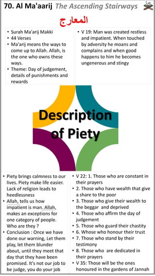 Description
of Piety
70. Al Ma'aarij
‫المعارج‬
• V 19: Man was created restless
and impatient. When touched
by adversity he moans and
complains and when good
happens to him he becomes
ungenerous and stingy
• V 22: 1. Those who are constant in
their prayers
• 2. Those who have wealth that give
a share to the poor
• 3. Those who give their wealth to
the beggar and deprived
• 4. Those who affirm the day of
judgement
• 5. Those who guard their chastity
• 6. Whose who honour their trust
• 7. Those who stand by their
testimony
• 8. Those who are dedicated in
their prayers
• V 35: Those will be the ones
honoured in the gardens of Jannah
• Piety brings calmness to our
lives. Piety make life easier.
Lack of religion leads to
heedlessness
• Allah, tells us how
impatient is man. Allah,
makes an exceptions for
one category of people.
Who are they ?
• Conclusion : Once we have
done our warning, Let them
play, let them blunder
about, until they meet that
day that they have been
promised. It's not our job to
be judge, you do your job
• Surah Ma'arij Makki
• 44 Verses
• Ma'arij means the ways to
come up to Allah. Allah, is
the one who owns these
ways.
• Theme: Day of judgement,
details of punishments and
rewards
The Ascending Stairways
(subhanahu wata'ala)
(subhanahu wata'ala)
 