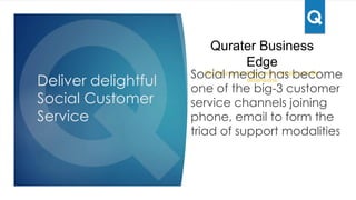 Big Data
techniques
for
customer
service
Qurater Business Edge uniqueness
Auto classification
that eliminates noise
and discovers
customer service
issues by covering
the breadth of voice,
email, social and
web
Ticketing system
with team
management that
manage
responsiveness
Industry specific
dimensions that
provides deep
intelligence including
industry
benchmarking of
your brand
Improve ROI of your customer service by covering the breadth of
voice, email, social, web and blogs
 