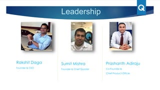 Leadership
Rakshit Daga
Founder & CEO
Sumit Mishra
Founder & Chief Qurater
Prashanth Adiraju
Co-Founder &
Chief Product Officer
 