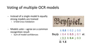 Voting of multiple OCR models
• Instead of a single model k equally
strong models are trained
• k-fold Cross Validation
• ...
