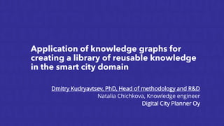 Application of knowledge graphs for
creating a library of reusable knowledge
in the smart city domain
Dmitry Kudryavtsev, PhD, Head of methodology and R&D
Natalia Chichkova, Knowledge engineer
Digital City Planner Oy
 