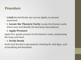 Procedure
• 1.Hold the bird firmly, but not too tightly, to prevent
movement.
• 2. Locate the Thoracic Cavity Locate the thoracic cavity
(chest area) and identify the keel bone (breastbone).
• 3. Apply Pressure
Apply firm, gentle pressure to the thoracic cavity, compressing
the lungs and heart.
• 4. Verify Death
Verify that the bird is deceased by checking for vital signs, such
as breathing and heartbeat.
 