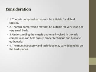 Consideration
• 1. Thoracic compression may not be suitable for all bird
species.
• 2. Thoracic compression may not be suitable for very young or
very small birds.
• 3. Understanding the muscle anatomy involved in thoracic
compression can help ensure proper technique and humane
euthanasia.
• 4. The muscle anatomy and technique may vary depending on
the bird species.
 