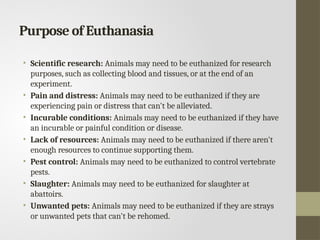 Purpose of Euthanasia
• Scientific research: Animals may need to be euthanized for research
purposes, such as collecting blood and tissues, or at the end of an
experiment.
• Pain and distress: Animals may need to be euthanized if they are
experiencing pain or distress that can't be alleviated.
• Incurable conditions: Animals may need to be euthanized if they have
an incurable or painful condition or disease.
• Lack of resources: Animals may need to be euthanized if there aren't
enough resources to continue supporting them.
• Pest control: Animals may need to be euthanized to control vertebrate
pests.
• Slaughter: Animals may need to be euthanized for slaughter at
abattoirs.
• Unwanted pets: Animals may need to be euthanized if they are strays
or unwanted pets that can't be rehomed.
 