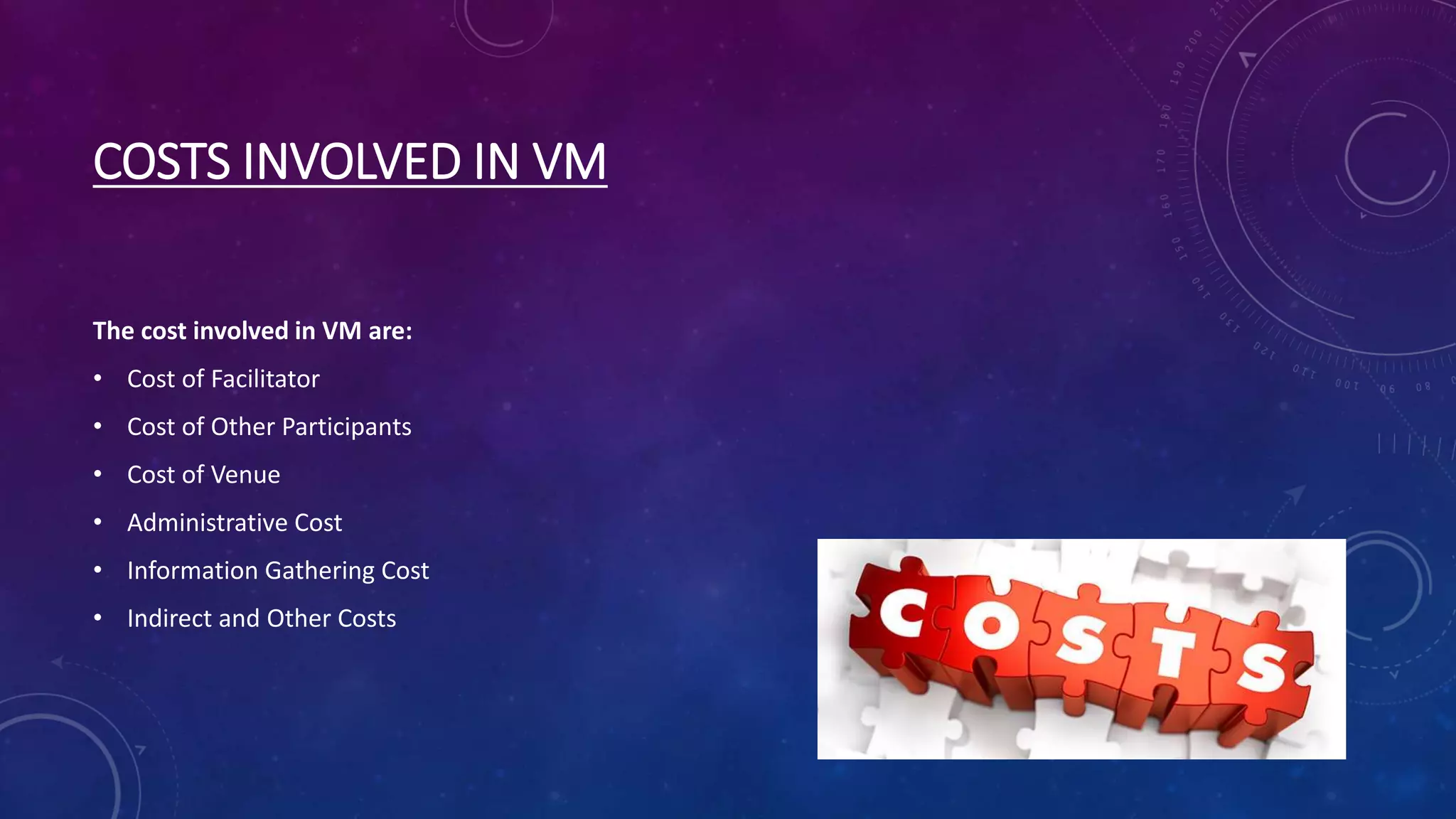 COSTS INVOLVED IN VM
The cost involved in VM are:
• Cost of Facilitator
• Cost of Other Participants
• Cost of Venue
• Administrative Cost
• Information Gathering Cost
• Indirect and Other Costs
 