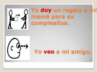 Yo doy un regalo a mi
mamá para su
cumpleaños.
Yo veo a mi amigo.
 