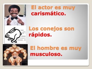 El actor es muy
carismático.
Los conejos son
rápidos.
El hombre es muy
musculoso.
 