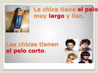 La chica tiene el pelo
muy largo y liso.
Las chicas tienen
el pelo corto.
 