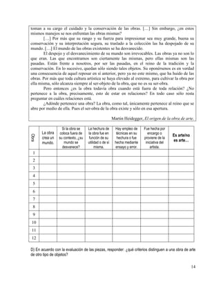 14
toman a su cargo el cuidado y la conservación de las obras. […] Sin embargo, ¿en estos
mismos manejos se nos enfrentan las obras mismas?
[…] Por más que su rango y su fuerza para impresionar sea muy grande, buena su
conservación y su interpretación segura, su traslado a la colección las ha despojado de su
mundo. […] El mundo de las obras existentes se ha desvanecido.
El despojo y el desvanecimiento de su mundo son irrevocables. Las obras ya no son lo
que eran. Las que encontramos son ciertamente las mismas, pero ellas mismas son las
pasadas. Están frente a nosotros, por ser las pasadas, en el reino de la tradición y la
conservación. En lo sucesivo, quedan sólo siendo tales objetos. Su oponérsenos es en verdad
una consecuencia de aquel reposar en sí anterior, pero ya no este mismo, que ha huido de las
obras. Por más que toda cultura artística se haya elevado al extremo, para cultivar la obra por
ella misma, sólo alcanza siempre al ser-objeto de la obra, que no es su ser-obra.
Pero entonces ¿es la obra todavía obra cuando está fuera de toda relación? ¿No
pertenece a la obra, precisamente, esto de estar en relaciones? En todo caso sólo resta
preguntar en cuáles relaciones está.
¿Adónde pertenece una obra? La obra, como tal, únicamente pertenece al reino que se
abre por medio de ella. Pues el ser-obra de la obra existe y sólo en esa apertura.
Martin Heidegger, El origen de la obra de arte.
Obra
La obra
crea un
mundo.
Si la obra se
coloca fuera de
su contexto, ¿su
mundo se
desvanece?
La hechura de
la obra fue en
función de su
utilidad o de sí
misma.
Hay empleo de
técnicas en su
hechura o fue
hecha mediante
ensayo y error.
Fue hecha por
encargo o
proviene de la
iniciativa del
artista.
Es arte/no
es arte…
1
2
3
4
5
6
7
8
9
10
11
12
D) En acuerdo con la evaluación de las piezas, responder: ¿qué criterios distinguen a una obra de arte
de otro tipo de objetos?
 