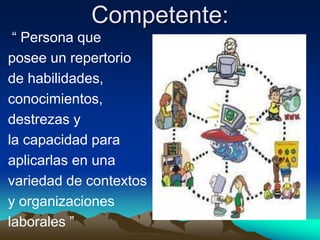 Competente:
 “ Persona que
posee un repertorio
de habilidades,
conocimientos,
destrezas y
la capacidad para
aplicarlas en una
variedad de contextos
y organizaciones
laborales ”
 