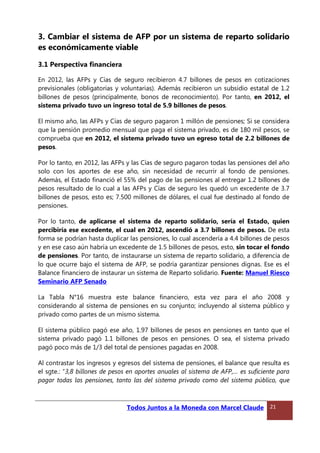 3. Cambiar el sistema de AFP por un sistema de reparto solidario
es económicamente viable
3.1 Perspectiva financiera
En 2012, las AFPs y Cías de seguro recibieron 4.7 billones de pesos en cotizaciones
previsionales (obligatorias y voluntarias). Además recibieron un subsidio estatal de 1.2
billones de pesos (principalmente, bonos de reconocimiento). Por tanto, en 2012, el
sistema privado tuvo un ingreso total de 5.9 billones de pesos.
El mismo año, las AFPs y Cías de seguro pagaron 1 millón de pensiones; Si se considera
que la pensión promedio mensual que paga el sistema privado, es de 180 mil pesos, se
comprueba que en 2012, el sistema privado tuvo un egreso total de 2.2 billones de
pesos.
Por lo tanto, en 2012, las AFPs y las Cías de seguro pagaron todas las pensiones del año
solo con los aportes de ese año, sin necesidad de recurrir al fondo de pensiones.
Además, el Estado financió el 55% del pago de las pensiones al entregar 1.2 billones de
pesos resultado de lo cual a las AFPs y Cías de seguro les quedó un excedente de 3.7
billones de pesos, esto es; 7.500 millones de dólares, el cual fue destinado al fondo de
pensiones.
Por lo tanto, de aplicarse el sistema de reparto solidario, sería el Estado, quien
percibiría ese excedente, el cual en 2012, ascendió a 3.7 billones de pesos. De esta
forma se podrían hasta duplicar las pensiones, lo cual ascendería a 4.4 billones de pesos
y en ese caso aún habría un excedente de 1.5 billones de pesos, esto, sin tocar el fondo
de pensiones. Por tanto, de instaurarse un sistema de reparto solidario, a diferencia de
lo que ocurre bajo el sistema de AFP, se podría garantizar pensiones dignas. Ese es el
Balance financiero de instaurar un sistema de Reparto solidario. Fuente: Manuel Riesco
Seminario AFP Senado
La Tabla N°16 muestra este balance financiero, esta vez para el año 2008 y
considerando al sistema de pensiones en su conjunto; incluyendo al sistema público y
privado como partes de un mismo sistema.
El sistema público pagó ese año, 1.97 billones de pesos en pensiones en tanto que el
sistema privado pagó 1.1 billones de pesos en pensiones. O sea, el sistema privado
pagó poco más de 1/3 del total de pensiones pagadas en 2008.
Al contrastar los ingresos y egresos del sistema de pensiones, el balance que resulta es
el sgte.: “3,8 billones de pesos en aportes anuales al sistema de AFP,… es suficiente para
pagar todas las pensiones, tanto las del sistema privado como del sistema público, que
Todos Juntos a la Moneda con Marcel Claude 21
 