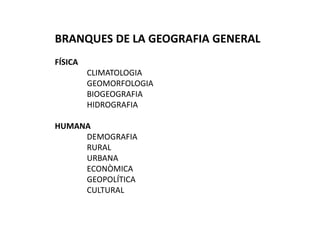 BRANQUES DE LA GEOGRAFIA GENERAL
FÍSICA
         CLIMATOLOGIA
         GEOMORFOLOGIA
         BIOGEOGRAFIA
         HIDROGRAFIA

HUMANA
     DEMOGRAFIA
     RURAL
     URBANA
     ECONÒMICA
     GEOPOLÍTICA
     CULTURAL
 