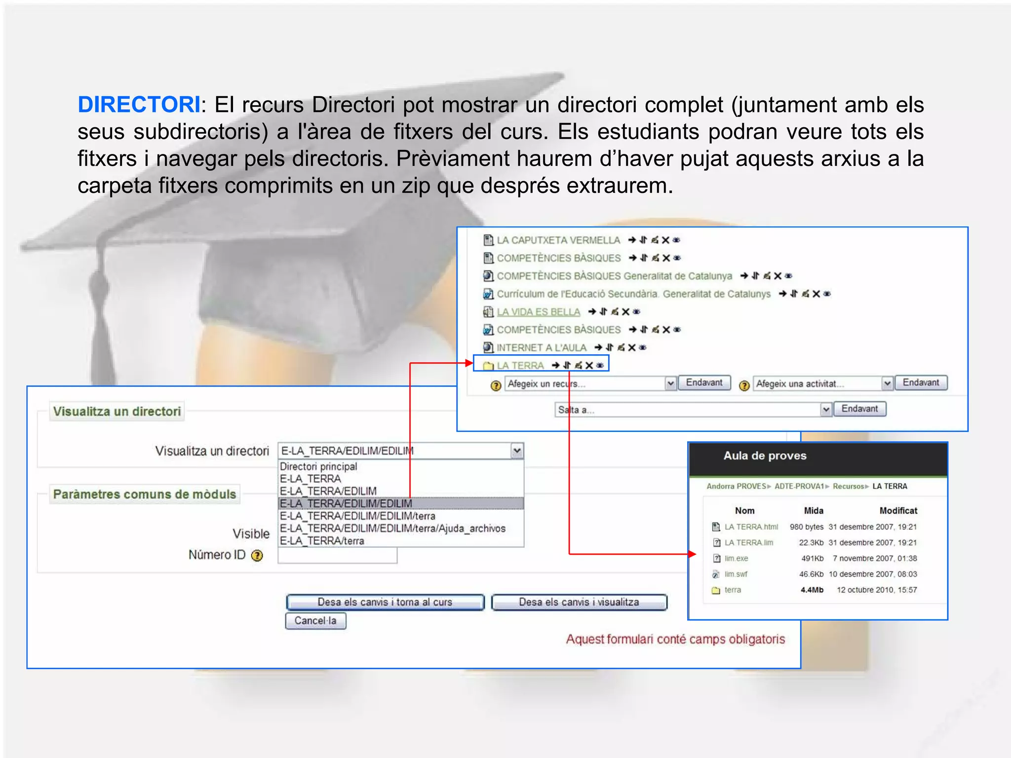 DIRECTORI: El recurs Directori pot mostrar un directori complet (juntament amb els
seus subdirectoris) a l'àrea de fitxers del curs. Els estudiants podran veure tots els
fitxers i navegar pels directoris. Prèviament haurem d’haver pujat aquests arxius a la
carpeta fitxers comprimits en un zip que després extraurem.
 