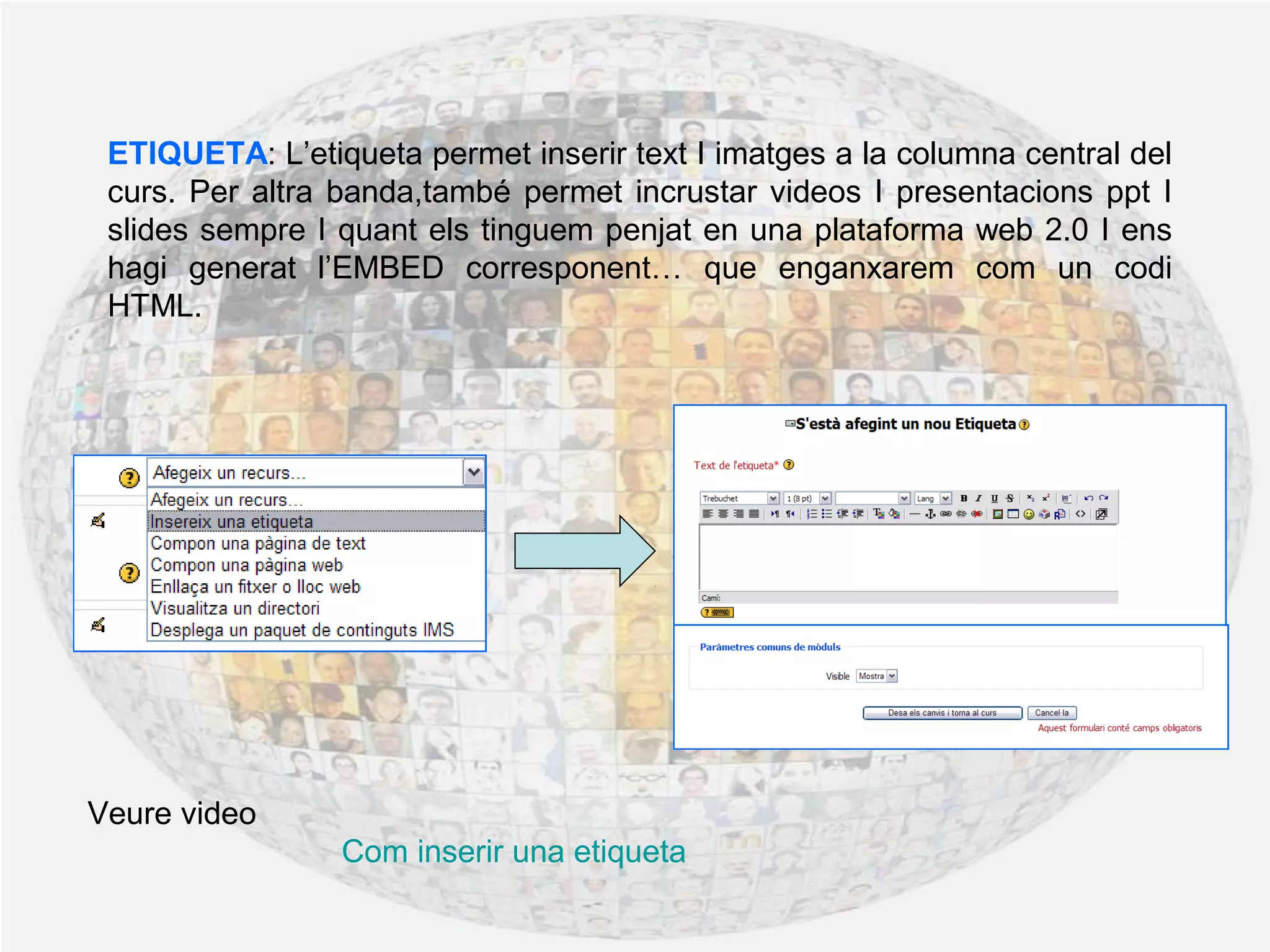 ETIQUETA: L’etiqueta permet inserir text I imatges a la columna central del
curs. Per altra banda,també permet incrustar videos I presentacions ppt I
slides sempre I quant els tinguem penjat en una plataforma web 2.0 I ens
hagi generat l’EMBED corresponent… que enganxarem com un codi
HTML.
Veure video
Com inserir una etiqueta
 