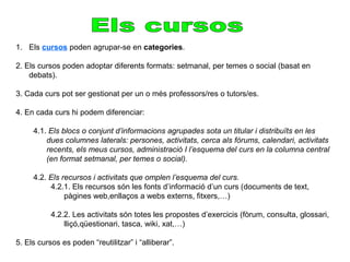 1. Els cursos poden agrupar-se en categories.
2. Els cursos poden adoptar diferents formats: setmanal, per temes o social (basat en
debats).
3. Cada curs pot ser gestionat per un o més professors/res o tutors/es.
4. En cada curs hi podem diferenciar:
4.1. Els blocs o conjunt d’informacions agrupades sota un titular i distribuïts en les
dues columnes laterals: persones, activitats, cerca als fòrums, calendari, activitats
recents, els meus cursos, administració I l’esquema del curs en la columna central
(en format setmanal, per temes o social).
4.2. Els recursos i activitats que omplen l’esquema del curs.
4.2.1. Els recursos són les fonts d’informació d’un curs (documents de text,
pàgines web,enllaços a webs externs, fitxers,…)
4.2.2. Les activitats són totes les propostes d’exercicis (fòrum, consulta, glossari,
lliçó,qüestionari, tasca, wiki, xat,…)
5. Els cursos es poden “reutilitzar” i “alliberar”.
 