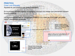 PRÀCTICA
Crear una Etiqueta.
Aquesta és una pràctica que conté 2 activitats.
En la primera activitat pujarem a la pàgina principal una imatge que prèviament haurem
buscat a internet.
La segona activitat serà la d’enganxar l’EMBED d’un video de YOUTUBE per poder
veure’l directament al Moodle.
Copia aquest codi fent ctrl + c
Després d’afegir el recurs
Etiqueta. Activa l’edició HTML.
Enganxa el codi que has copiat
Ctrl + v I torna a clicar el
símbol del codi.
Desa els canvis, torna al curs I
ja tindràs el video de YOUTUBE
penjat a la pàgina central del
teu curs
 