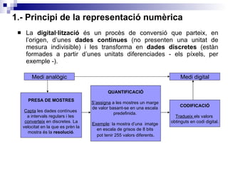 1.- Principi de la representació numèrica La  digital·lització  és un procès de conversió que parteix, en l’origen, d’unes  dades continues  (no presenten una unitat de mesura indivisible) i les transforma en  dades discretes  (estàn formades a partir d’unes unitats diferenciades - els píxels, per exemple -). PRESA DE MOSTRES Capta  les dades contínues  a intervals regulars i les  converteix  en discretes. La velocitat en la que es prèn la mostra és la  resolució . QUANTIFICACIÓ S’assigna  a les mostres un marge  de valor basant-se en una escala  predefinida.  Exemple : la mostra d’una  imatge  en escala de grisos de 8 bits  pot tenir 255 valors diferents . CODIFICACIÓ Tradueix  els valors  obtinguts en codi digital. Medi analògic Medi digital 