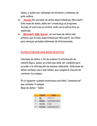 datos, y suelen ser utilizadas en intranets y sistemas de
gran calibre.
Access: Es una base de datos desarrollada por Microsoft.
Esta base de datos, debe ser creada bajo el programa
Access, el cual crea un archivo .mdb con la estructura ya
explicada.
Microsoft SQL Server: es una base de datos más
potente que Access desarrollada por Microsoft. Se utiliza
para manejar grandes volúmenes de informaciones.
ESTRUCTURA DE UNA BASE DE DATOS
Una base de datos, a fin de ordenar la información de
manera lógica, posee un orden que debe ser cumplido para
acceder a la información de manera coherente. Cada base de
datos contiene una o más tablas, que cumplen la función de
contener los campos.
En el siguiente ejemplo mostramos una tabla “comentarios”
que contiene 4 campos.
Base de datos – Tabla
 