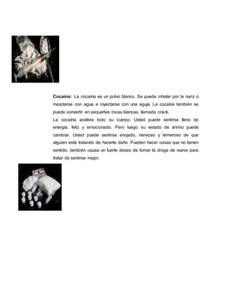 Cocaína: La cocaína es un polvo blanco. Se puede inhalar por la nariz o
mezclarse con agua e inyectarse con una aguja. La cocaína también se
puede convertir en pequeñas rocas blancas, llamada crack.
La cocaína acelera todo su cuerpo. Usted puede sentirse lleno de
energía, feliz y emocionado. Pero luego su estado de ánimo puede
cambiar. Usted puede sentirse enojado, nervioso y temeroso de que
alguien está tratando de hacerle daño. Pueden hacer cosas que no tienen
sentido, también causa un fuerte deseo de tomar la droga de nuevo para
tratar de sentirse mejor.
 