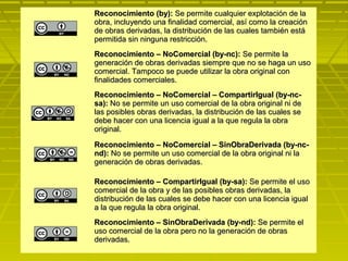 Reconocimiento (by):Reconocimiento (by): Se permite cualquier explotación de laSe permite cualquier explotación de la
obra, incluyendo una finalidad comercial, así como la creaciónobra, incluyendo una finalidad comercial, así como la creación
de obras derivadas, la distribución de las cuales también estáde obras derivadas, la distribución de las cuales también está
permitida sin ninguna restricción.permitida sin ninguna restricción.
Reconocimiento – NoComercial (by-nc):Reconocimiento – NoComercial (by-nc): Se permite laSe permite la
generación de obras derivadas siempre que no se haga un usogeneración de obras derivadas siempre que no se haga un uso
comercial. Tampoco se puede utilizar la obra original concomercial. Tampoco se puede utilizar la obra original con
finalidades comerciales.finalidades comerciales.
Reconocimiento – NoComercial – CompartirIgual (by-nc-Reconocimiento – NoComercial – CompartirIgual (by-nc-
sa):sa): No se permite un uso comercial de la obra original ni deNo se permite un uso comercial de la obra original ni de
las posibles obras derivadas, la distribución de las cuales selas posibles obras derivadas, la distribución de las cuales se
debe hacer con una licencia igual a la que regula la obradebe hacer con una licencia igual a la que regula la obra
original.original.
Reconocimiento – NoComercial – SinObraDerivada (by-nc-Reconocimiento – NoComercial – SinObraDerivada (by-nc-
nd):nd): No se permite un uso comercial de la obra original ni laNo se permite un uso comercial de la obra original ni la
generación de obras derivadas.generación de obras derivadas.
Reconocimiento – CompartirIgual (by-sa):Reconocimiento – CompartirIgual (by-sa): Se permite el usoSe permite el uso
comercial de la obra y de las posibles obras derivadas, lacomercial de la obra y de las posibles obras derivadas, la
distribución de las cuales se debe hacer con una licencia igualdistribución de las cuales se debe hacer con una licencia igual
a la que regula la obra original.a la que regula la obra original.
Reconocimiento – SinObraDerivada (by-nd):Reconocimiento – SinObraDerivada (by-nd): Se permite elSe permite el
uso comercial de la obra pero no la generación de obrasuso comercial de la obra pero no la generación de obras
derivadas.derivadas.
 