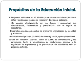 Propósitos de la Educación Inicial.Propósitos de la Educación Inicial.
• Adquieran confianza en sí mismos y fortalezcan su interés por otros
niños y adultos con los que se relacionan de manera cotidiana.
• Se vinculen afectivamente con los demás y reconozcan sus
características, necesidades y preferencias, con el objeto de
respetarlas.
• Desarrollen una imagen positiva de sí mismos y fortalezcan su identidad
y autonomía.
• Avancen en un proceso paulatino de autorregulación, que vaya desde el
control de funciones básicas, como el sueño, la alimentación y las
emociones, hasta la identificación de sentimientos propios, y la
regulación de expresiones y la planificación de actividades con un
propósito definido.
 