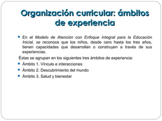 Organización curricular: ámbitosOrganización curricular: ámbitos
de experienciade experiencia
 En el Modelo de Atención con Enfoque Integral para la Educación
Inicial, se reconoce que los niños, desde cero hasta los tres años,
tienen capacidades que desarrollan o construyen a través de sus
experiencias.
Éstas se agrupan en los siguientes tres ámbitos de experiencia:
 Ámbito 1. Vínculo e interacciones
 Ámbito 2. Descubrimiento del mundo
 Ámbito 3. Salud y bienestar
 