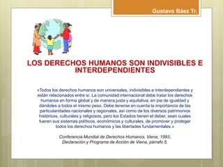 LOS DERECHOS HUMANOS SON INDIVISIBLES E
INTERDEPENDIENTES
«Todos los derechos humanos son universales, indivisibles e interdependientes y
están relacionados entre sí. La comunidad internacional debe tratar los derechos
humanos en forma global y de manera justa y equitativa, en pie de igualdad y
dándoles a todos el mismo peso. Debe tenerse en cuenta la importancia de las
particularidades nacionales y regionales, así como de los diversos patrimonios
históricos, culturales y religiosos, pero los Estados tienen el deber, sean cuales
fueren sus sistemas políticos, económicos y culturales, de promover y proteger
todos los derechos humanos y las libertades fundamentales.»
Conferencia Mundial de Derechos Humanos, Viena, 1993,
Declaración y Programa de Acción de Viena, párrafo 5.
Gustavo Báez Tr.
 