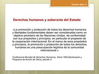 Derechos humanos y soberanía del Estado
«La promoción y protección de todos los derechos humanos
y libertades fundamentales deben ser consideradas como un
objetivo prioritario de las Naciones Unidas, de conformidad
con sus propósitos y principios, en particular el propósito de
la cooperación internacional. En el marco de esos propósitos
y principios, la promoción y protección de todos los derechos
humanos es una preocupación legítima de la comunidad
internacional.»
Conferencia Mundial de Derechos Humanos, Viena 1993,Declaración y
Programa de Acción de Viena, párrafo 4.
Gustavo Báez Tr.
 