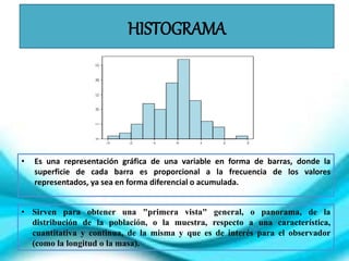 HISTOGRAMA
• Es una representación gráfica de una variable en forma de barras, donde la
superficie de cada barra es proporcional a la frecuencia de los valores
representados, ya sea en forma diferencial o acumulada.
• Sirven para obtener una "primera vista" general, o panorama, de la
distribución de la población, o la muestra, respecto a una característica,
cuantitativa y continua, de la misma y que es de interés para el observador
(como la longitud o la masa).
 