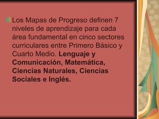 Los Mapas de Progreso definen 7 niveles de aprendizaje para cada área fundamental en cinco sectores curriculares entre Primero Básico y Cuarto Medio. Lenguaje y Comunicación, Matemática, Ciencias Naturales, Ciencias Sociales e Inglés.