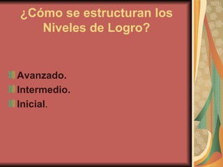 ¿Cómo se estructuran los Niveles de Logro? Avanzado. Intermedio. Inicial .