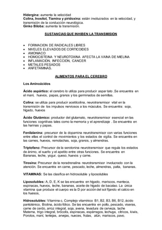Hidergina: aumenta la velocidad
Colina, Inositol, Tiamina y piridoxina: están involucrados en la velocidad, y
transmisión de la conducción neurológica.
Ginko Biloba: aumenta la transmisión.
SUSTANCIAS QUE INHIBEN LA TRANSMISION
 FORMACION DE RADICALES LIBRES
 NIVELES ELEVADOS DE CORTICOIDES
 AMONIACO
 HOMOCISTEINA Y NEUROTOXINA AFECTA LA VAINA DE MIELINA
 INFLAMACION, INFECCION, CANCER
 METALES PESADOS
 ANFETAMINAS.
ALIMENTOS PARA EL CEREBRO
Los Aminoácidos
Ácido aspártico: el cerebro lo utiliza para producir aspar tato .Se encuentra en
el maní, huevos, papas, granos y los germinados de semillas.
Colina: se utiliza para producir acetilcolina, neurotransmisor vital en la
transmisión de los impulsos nerviosos a los músculos. Se encuentra: soja,
hígado, huevos
Ácido Glutámico: productor del glutamato, neurotransmisor esencial en las
funciones cognitivas tales como la memoria y el aprendizaje . Se encuentra en
las harinas y papas.
Fenilalanina: precursor de la dopamina neurotransmisor con varias funciones
entre ellas el control de movimientos y los estados de vigilia. Se encuentra en
las carnes, huevos, remolachas, soja, granos, y almendras.
Triptofano: Precursor de la serotonina neurotransmisor que regula los estados
de ánimo, el sueño y el apetito entre otras funciones. Se encuentra en
Bananas, leche, yogur, queso, huevos y carne.
Tirosina: Precursor de la noradrenalina neurotransmisor involucrado con la
atención. Se encuentra en carne, pescado, leche, almendras, palta, bananas.
VITAMINAS: Se las clasifica en hidrosoluble y liposolubles
Liposolubles: A, D, E, K se las encuentra en hígado, mariscos, manteca,
espinacas, huevos, leche, bananas, aceite de hígado de bacalao. La única
vitamina que produce el cuerpo es la D por acción del sol fijando el calcio en
los huesos,
Hidrosolubles: Vitamina c, Complejo vitamínico B1, B2, B3, B6, B12, ácido
pantoténico, Biotina, ácido fólico. Se las encuentra en pollo, pescado, viseras,
carne de cerdo, arroz integral, soja, avena, levadura de cerveza, lache
Materna, trigo integral, brócolis, espinacas, espárragos, lechuga, cítricos, kiwis,
Porotos, maní, lentejas, arvejas, nueces, frutas, atún, mariscos, pavo.
 