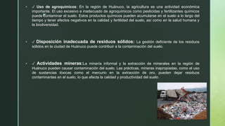 z
 ✓ Uso de agroquímicos: En la región de Huánuco, la agricultura es una actividad económica
importante. El uso excesivo e inadecuado de agroquímicos como pesticidas y fertilizantes químicos
puede contaminar el suelo. Estos productos químicos pueden acumularse en el suelo a lo largo del
tiempo y tener efectos negativos en la calidad y fertilidad del suelo, así como en la salud humana y
la biodiversidad.
 ✓ Disposición inadecuada de residuos sólidos: La gestión deficiente de los residuos
sólidos en la ciudad de Huánuco puede contribuir a la contaminación del suelo.
 ✓ Actividades mineras:La minería informal y la extracción de minerales en la región de
Huánuco pueden causar contaminación del suelo. Las prácticas, mineras inapropiadas, como el uso
de sustancias tóxicas como el mercurio en la extracción de oro, pueden dejar residuos
contaminantes en el suelo, lo que afecta la calidad y productividad del suelo.
 