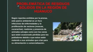 z
PROBLEMÁTICA DE RESIDUOS
SÓLIDOS EN LA REGIÓN DE
HUÁNUCO
Según reportes emitidos por la prensa,
este pasivo ambiental es un foco
infeccioso de enfermedades y la
proliferación de vectores (moscas,
cucarachas), roedores y presencia de
animales salvajes como son los canes
que están ocasionado pérdidas para los
pobladores debido a que estos están
matando a sus animales que crían para
su alimentación o comercialización.
 