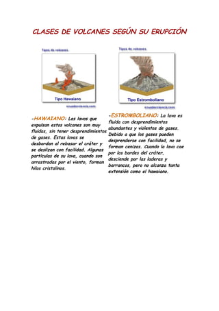 CLASES DE VOLCANES SEGÚN SU ERUPCIÓN




                                      -ESTROMBOLIANO: La lava es
-HAWAIANO: Las lavas que
                                      fluida con desprendimientos
expulsan estos volcanes son muy
                                      abundantes y violentos de gases.
fluidas, sin tener desprendimientos
                                      Debido a que los gases pueden
de gases. Estas lavas se
                                      desprenderse con facilidad, no se
desbordan al rebasar el cráter y
                                      forman cenizas. Cuando la lava cae
se deslizan con facilidad. Algunas
                                      por los bordes del cráter,
partículas de su lava, cuando son
                                      desciende por las laderas y
arrastradas por el viento, forman
                                      barrancos, pero no alcanza tanta
hilos cristalinos.
                                      extensión como el hawaiano.
 